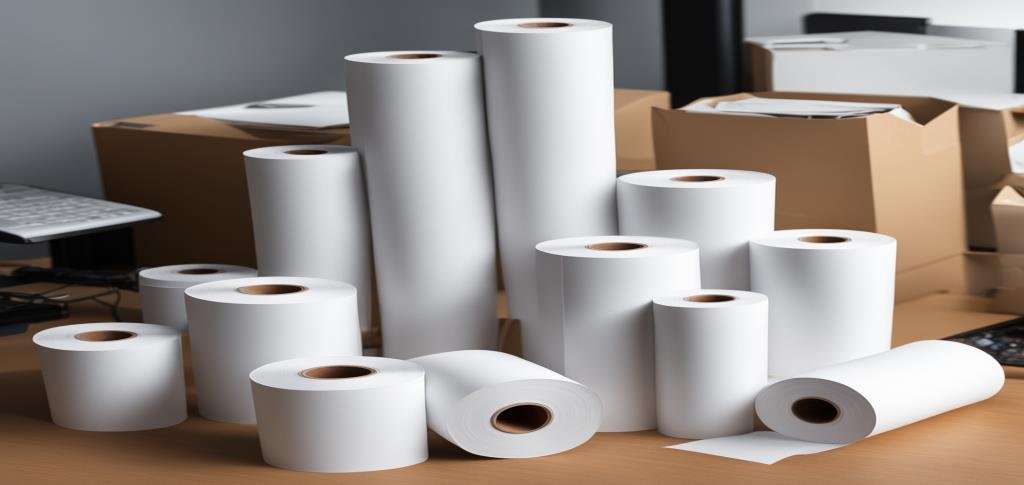 Stacks of white paper rolls in different sizes