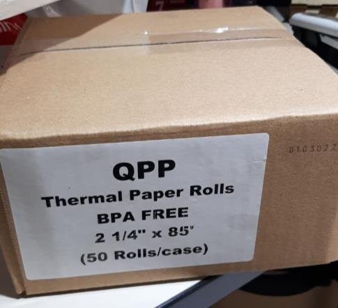QPP-labelled carton: BPA-free 2 1/4 inch by 85 foot thermal rolls, 50 rolls per case